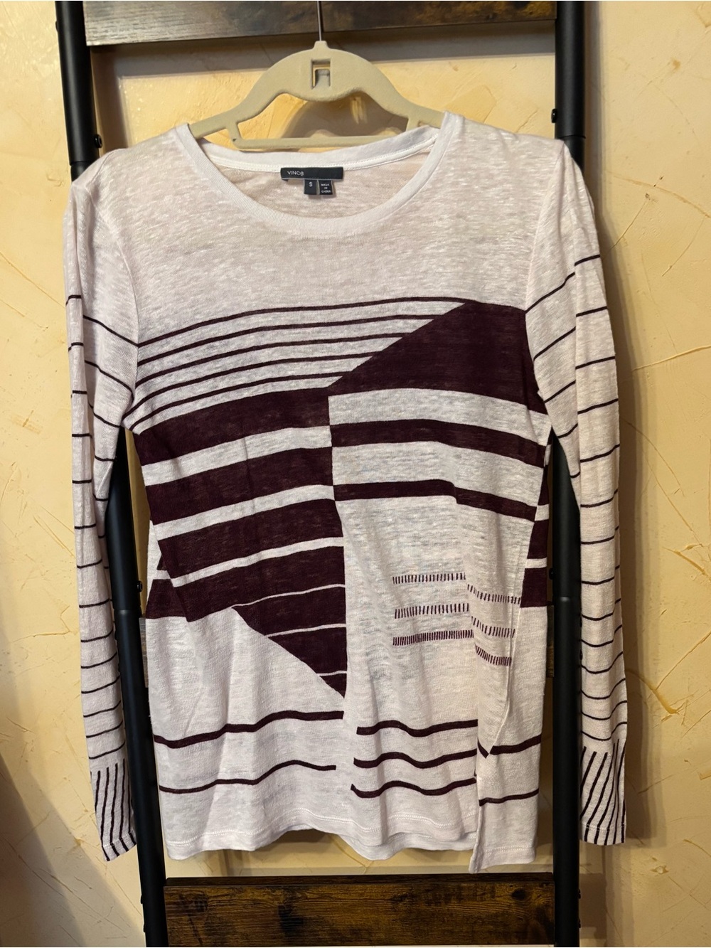 Vince Cream & Burgundy Long-Sleeve Geometric Stripe Tee Size S 100% Linen